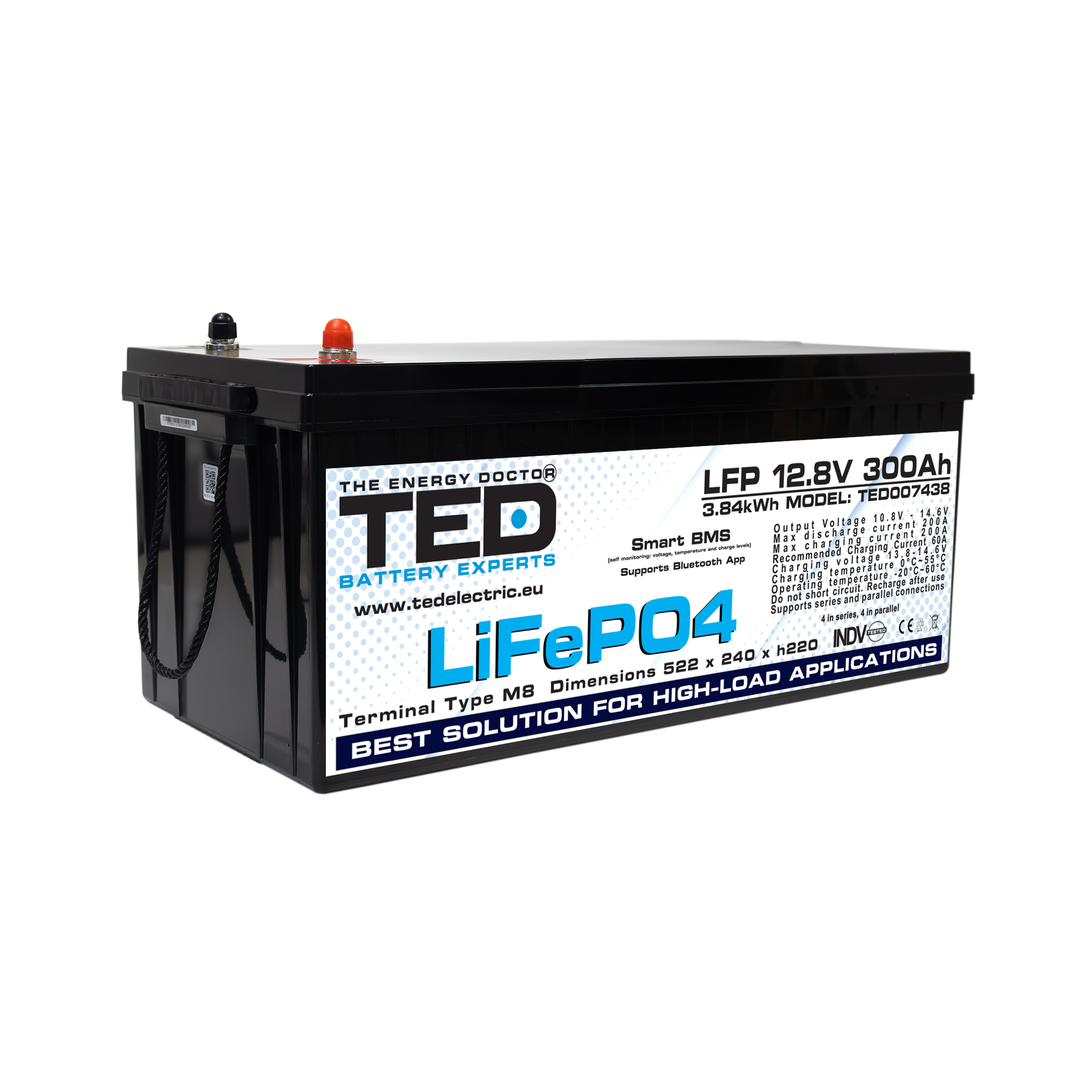 Acumulator 12V, BMS, bluetooth, LiFePo4, M8, 300A, TED007438