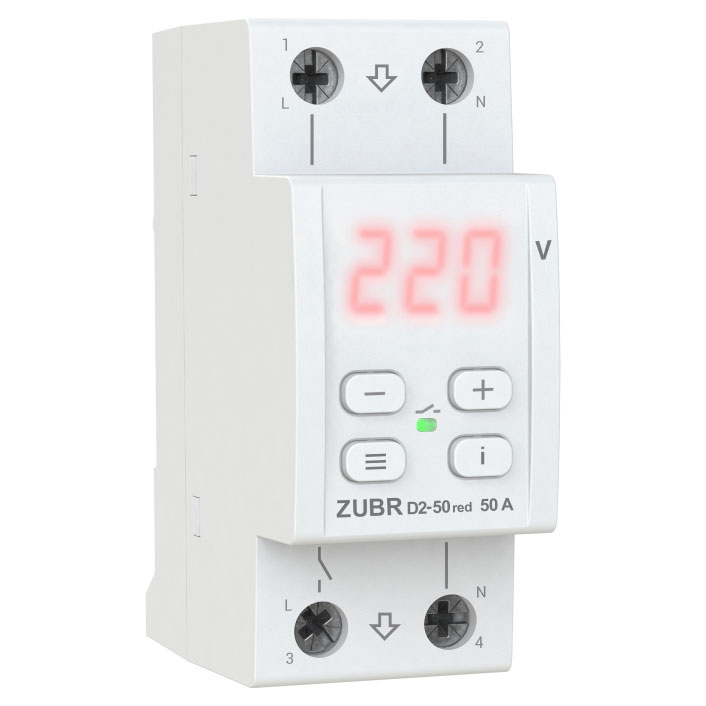 Releu de protecție tensiune monofazat 50A, afișaj roșu, 2P, ZUBR, D2-50 red