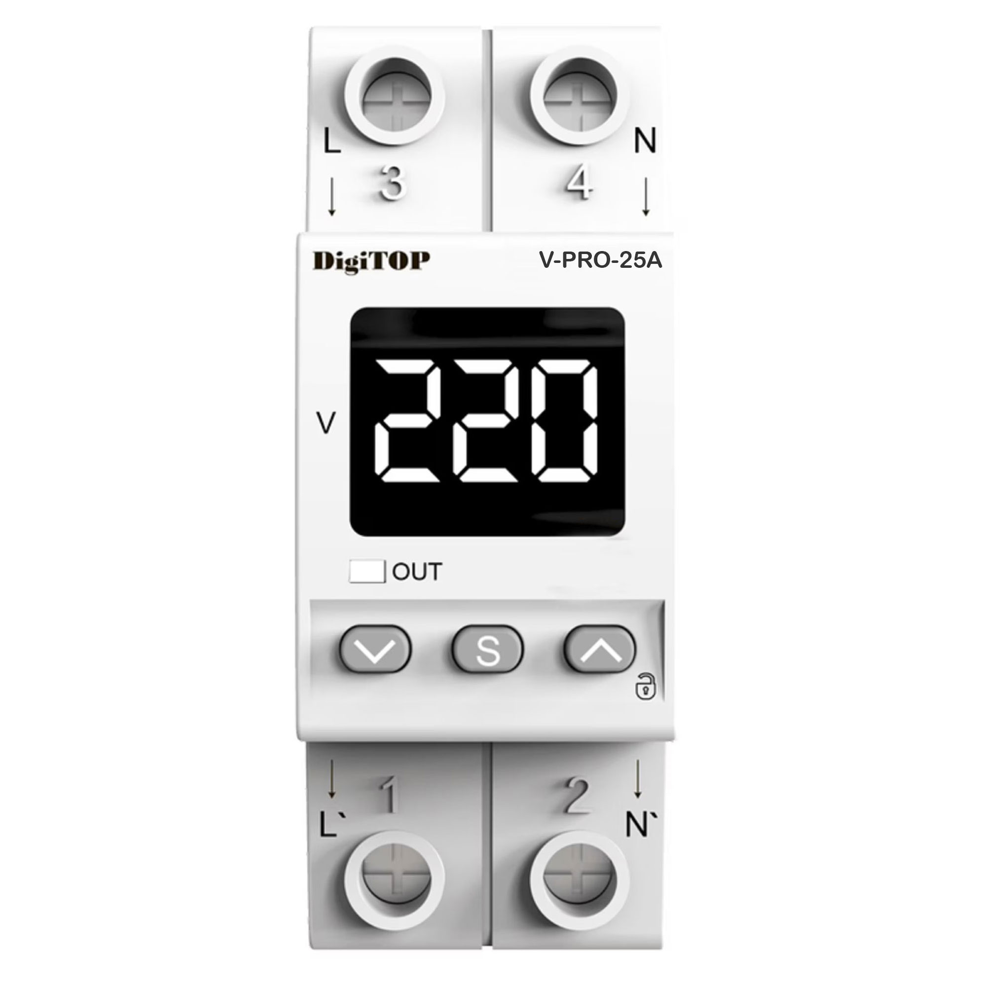 Releu de protectie tensiune monofazat 25A, monitorizare frecventa, DigiTop, V-PRO-25A