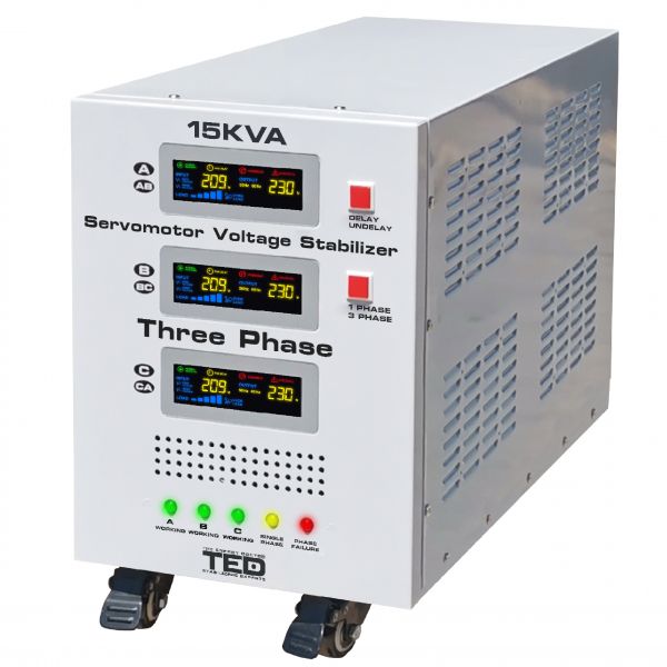 Stabilizator de tensiune trifazic cu servomotor, 15KVA, 12kW, TED, Tower