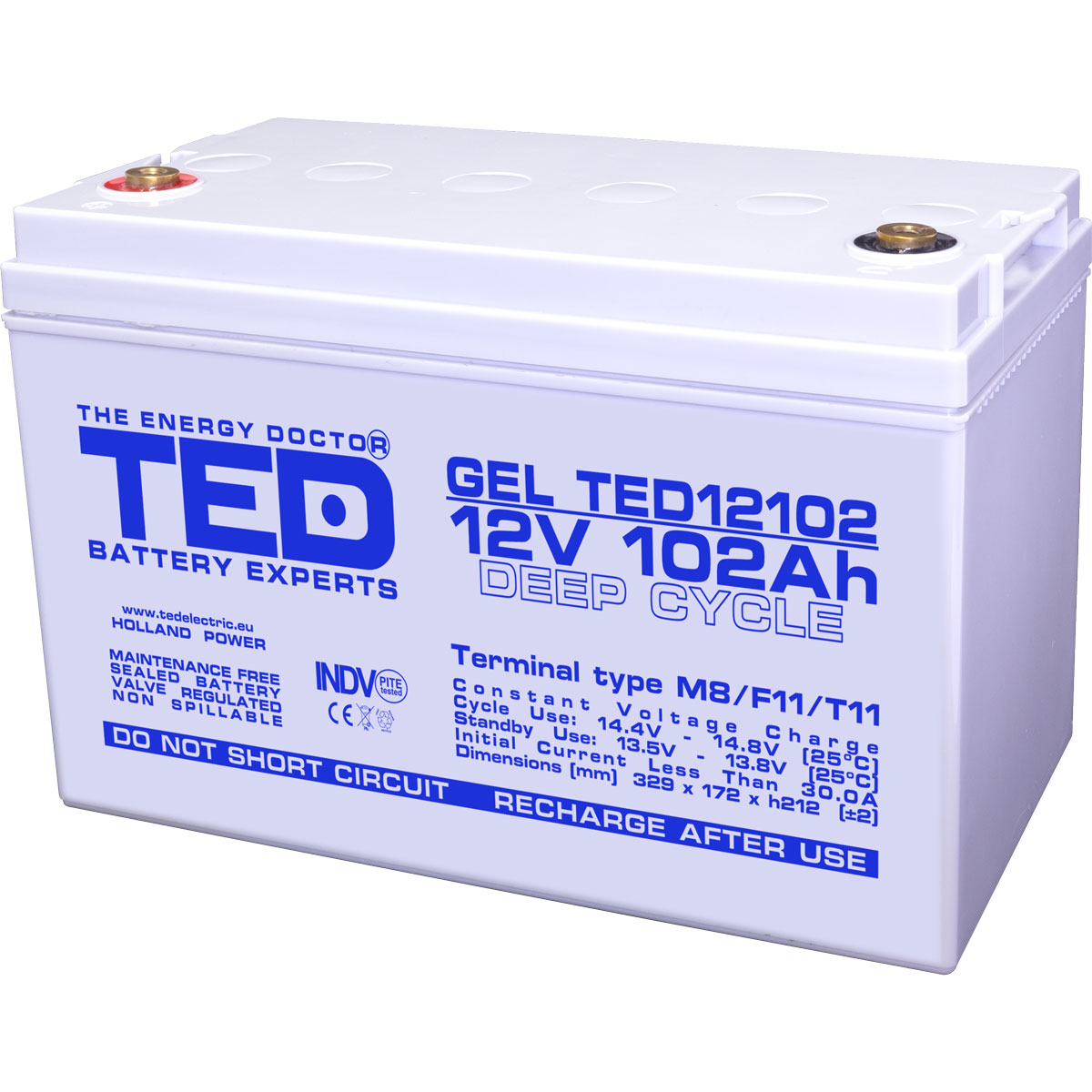 Acumulator 12V, GEL, VRLA, M8, 102A, TED12102