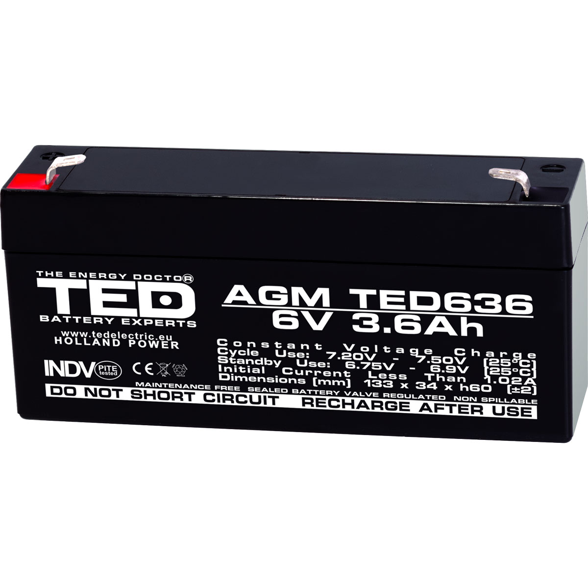 Acumulator 6V, AGM, VRLA, F1 / T1, 3.6A, TED636
