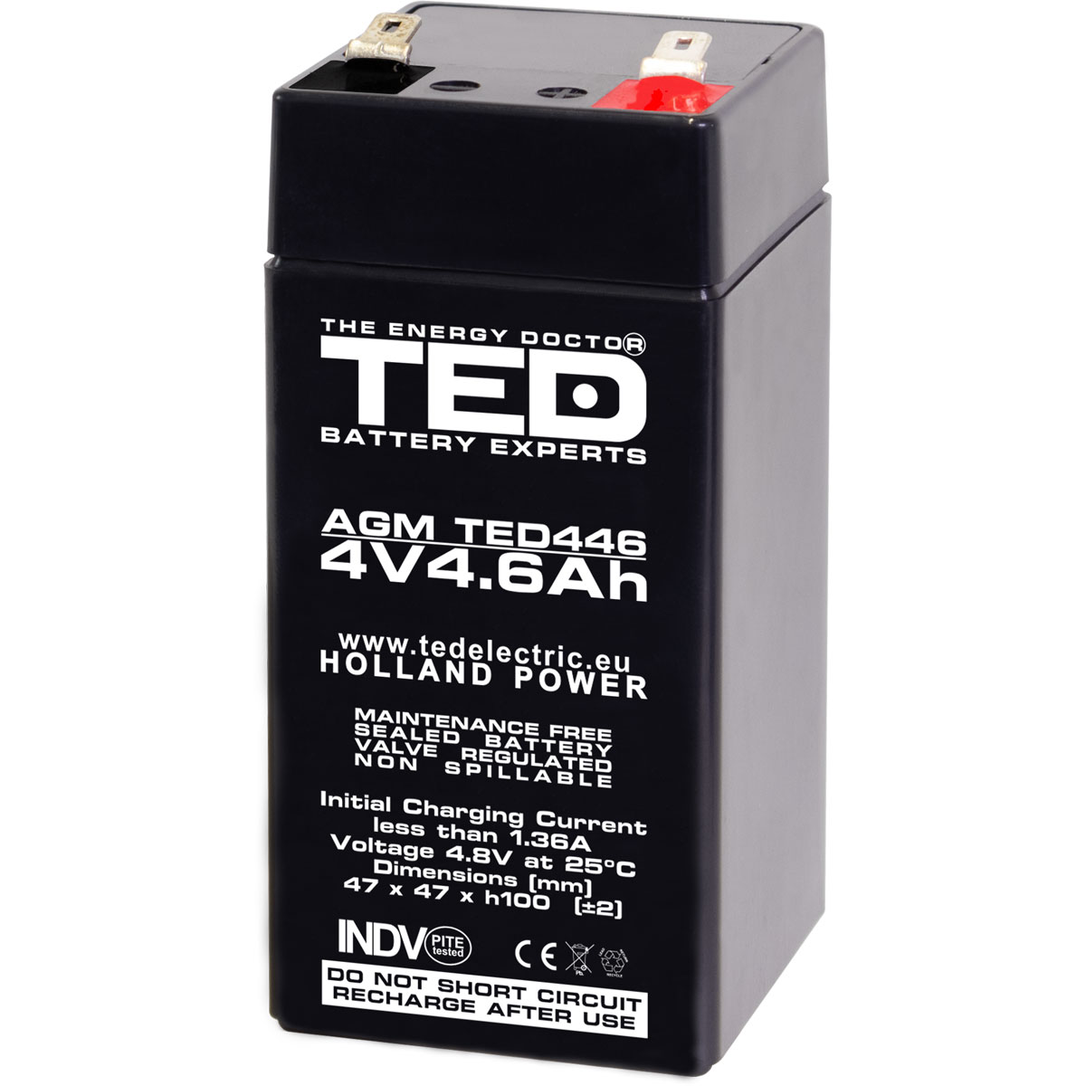 Acumulator 6V, AGM, VRLA, F1 / T1, 4.6A, TED446