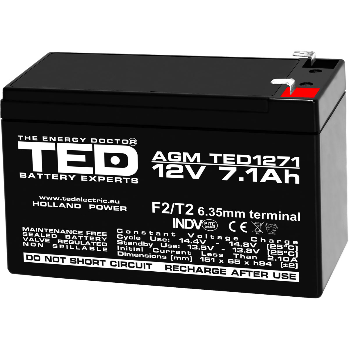 Acumulator 12V, AGM, VRLA, F2/T2, 7.1A, TED1271 F2