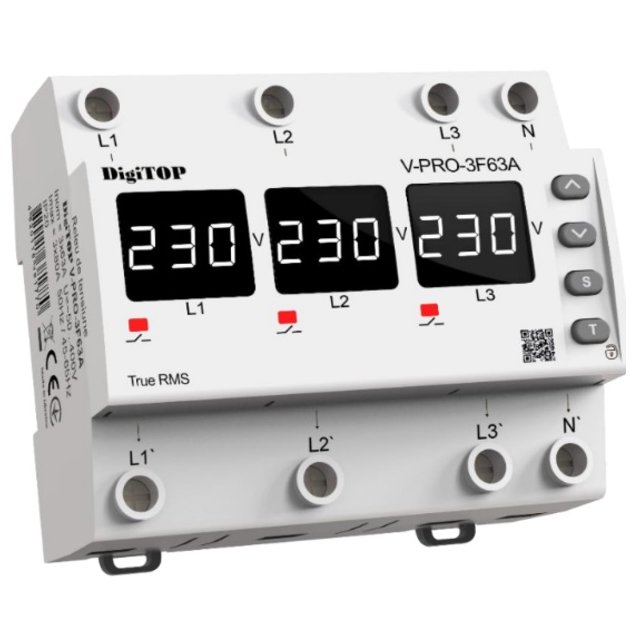Releu de protectie tensiune trifazat 63A, DigiTop, V-PRO-3F63A