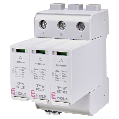 Descarcator la supratensiune ETI, 2+1, debrosabil cu semnalizare, 3P, tip B+C, 1100VDC, 002440581