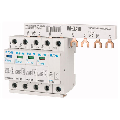 Descarcator la supratensiune Eaton, 3+1, debrosabil cu semnalizare, 3P+N/BB, tip C, 335VAC, 167630
