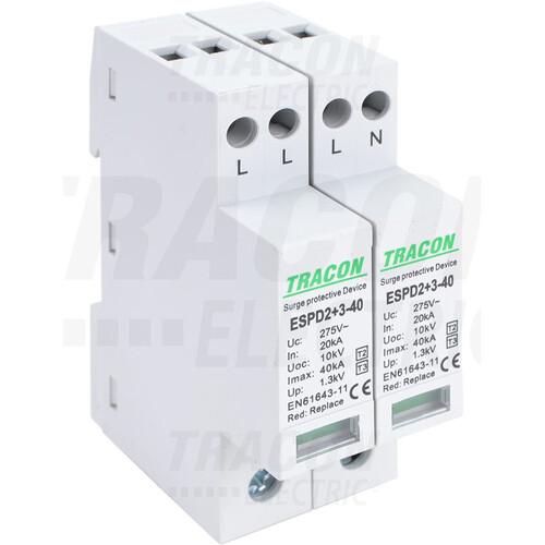 Descarcator la supratensiune Tracon, 3+1, compact cu semnalizare, 4P, tip C+D, 275VAC, ESPD2+3-40-4P