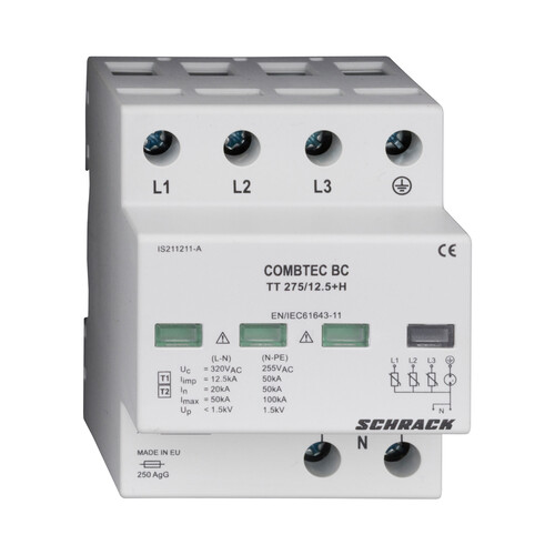 Descarcator la supratensiune Schrack, 3+1, compact cu semnalizare, tip B+C, 275VAC, IS211211-A