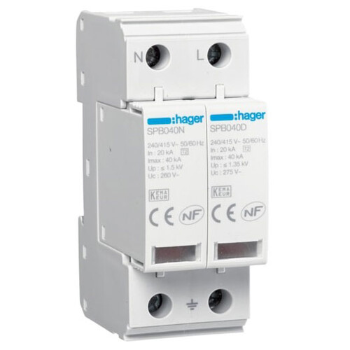 Descarcator la supratensiune Hager, TN-S+TT, 2P, tip C, 275VAC, SPB240D