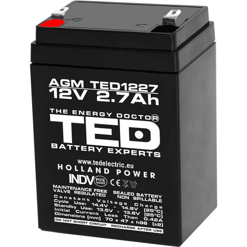 Acumulator 12V, AGM, VRLA, F1 / T1, 2.7A, TED1227